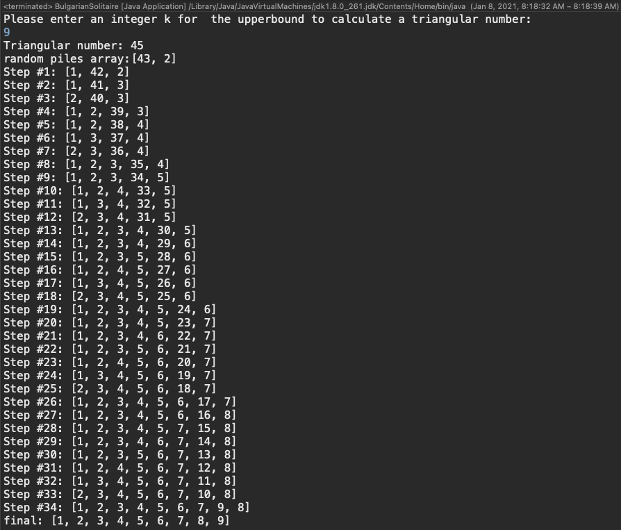 Bulgarian Solitaire Output